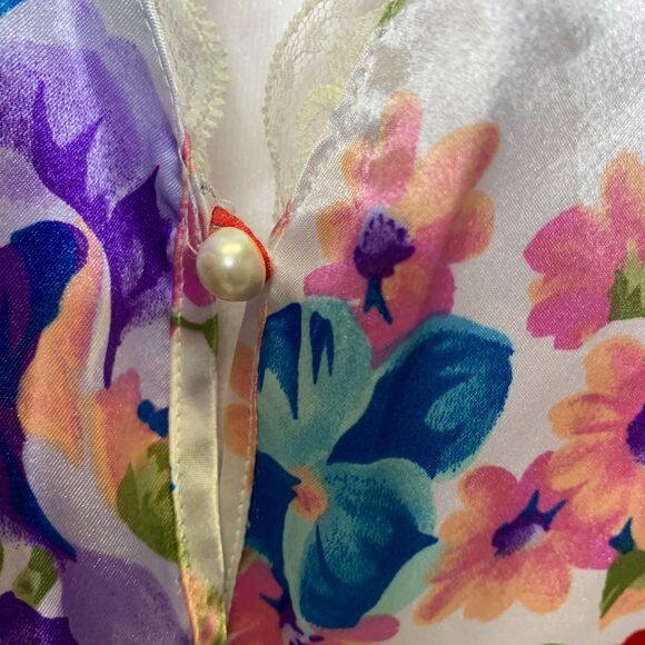 Delicates Trad Wife Satin Floral‎ Lace Trimmed Satin Tie Pockets Robe Large - Picture 4 of 13